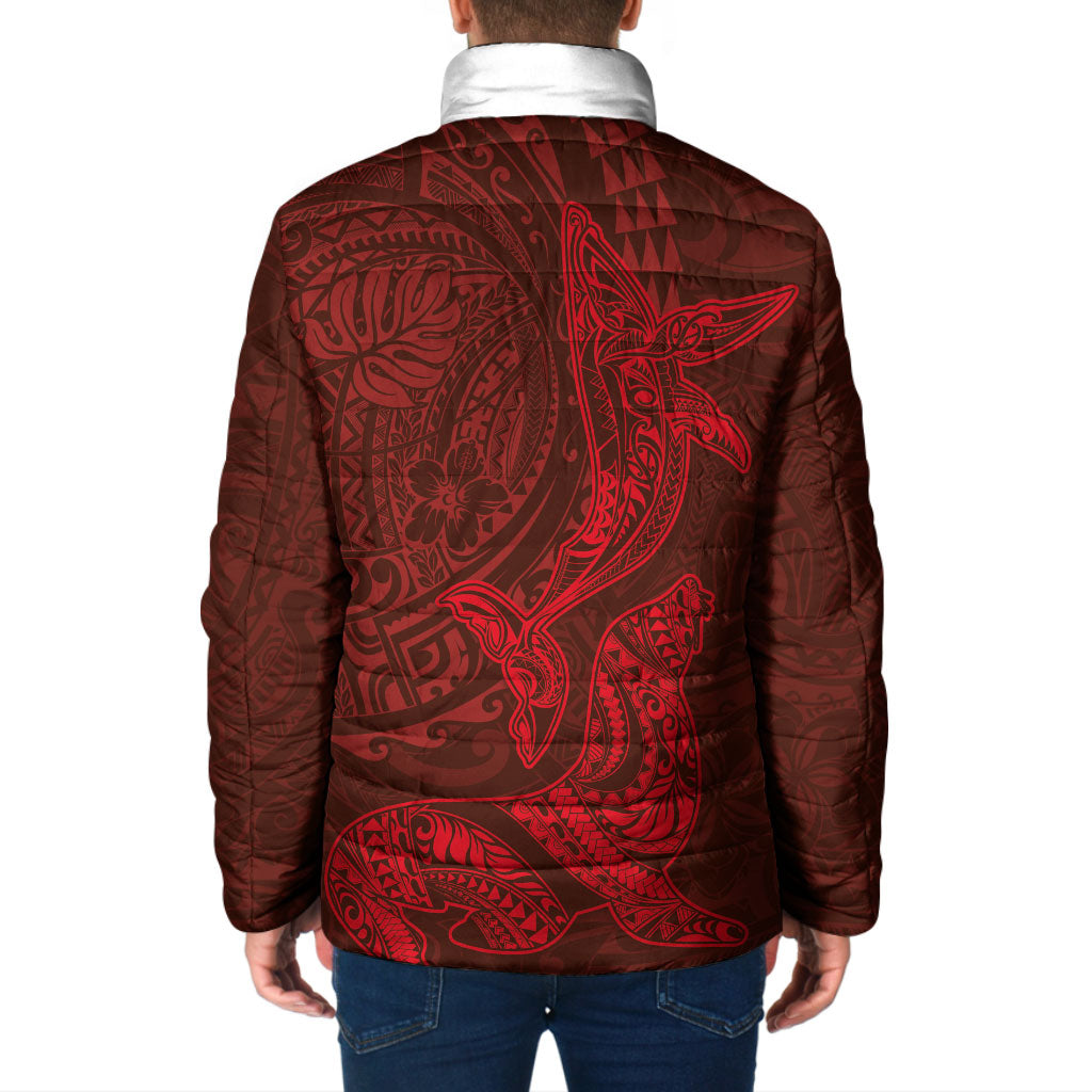 Hawaiian Monk Seal and Whale Padded Jacket Kakau Tribal Pattern Red Color