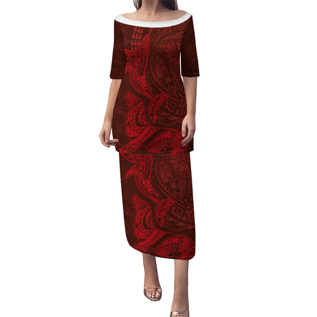 Hawaiian Monk Seal and Whale Puletasi Kakau Tribal Pattern Red Color