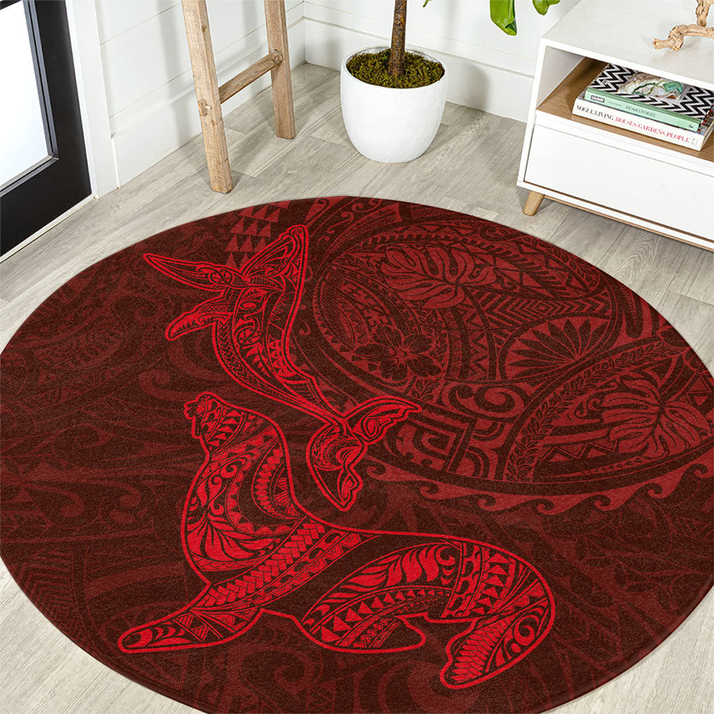 Hawaiian Monk Seal and Whale Round Carpet Kakau Tribal Pattern Red Color