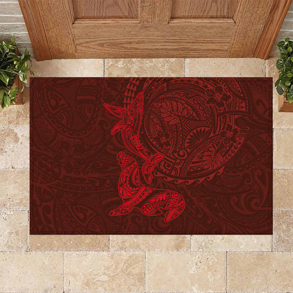 Hawaiian Monk Seal and Whale Rubber Doormat Kakau Tribal Pattern Red Color