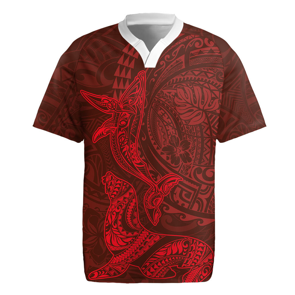 Hawaiian Monk Seal and Whale Rugby Jersey Kakau Tribal Pattern Red Color