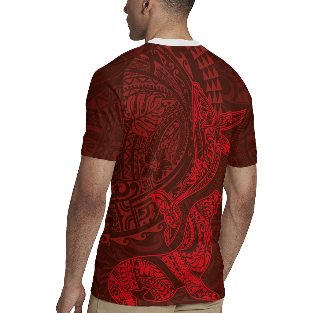 Hawaiian Monk Seal and Whale Rugby Jersey Kakau Tribal Pattern Red Color