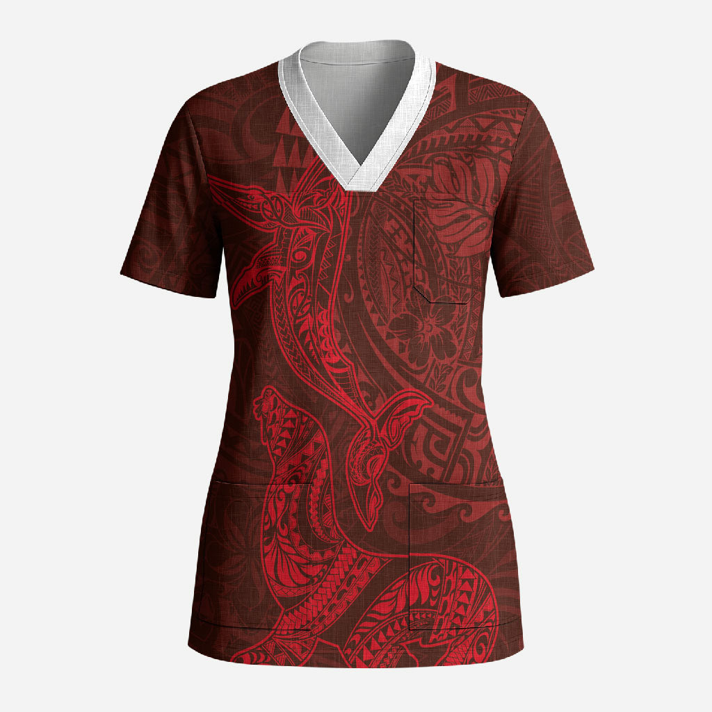 Hawaiian Monk Seal and Whale Scrub Top Kakau Tribal Pattern Red Color