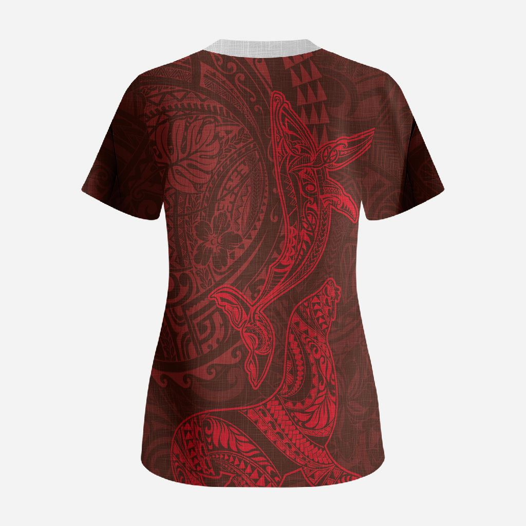 Hawaiian Monk Seal and Whale Scrub Top Kakau Tribal Pattern Red Color
