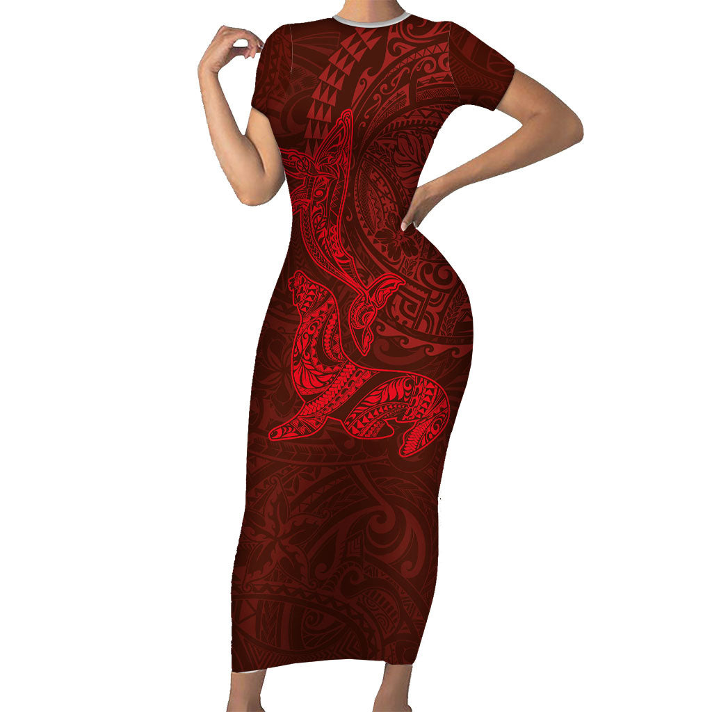 Hawaiian Monk Seal and Whale Short Sleeve Bodycon Dress Kakau Tribal Pattern Red Color LT03 Long Dress Red - Polynesian Pride