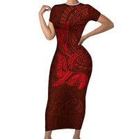 Hawaiian Monk Seal and Whale Short Sleeve Bodycon Dress Kakau Tribal Pattern Red Color LT03 Long Dress Red - Polynesian Pride