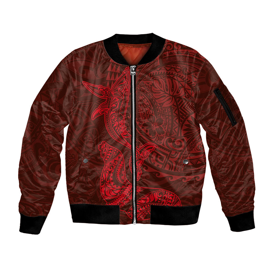 Hawaiian Monk Seal and Whale Sleeve Zip Bomber Jacket Kakau Tribal Pattern Red Color