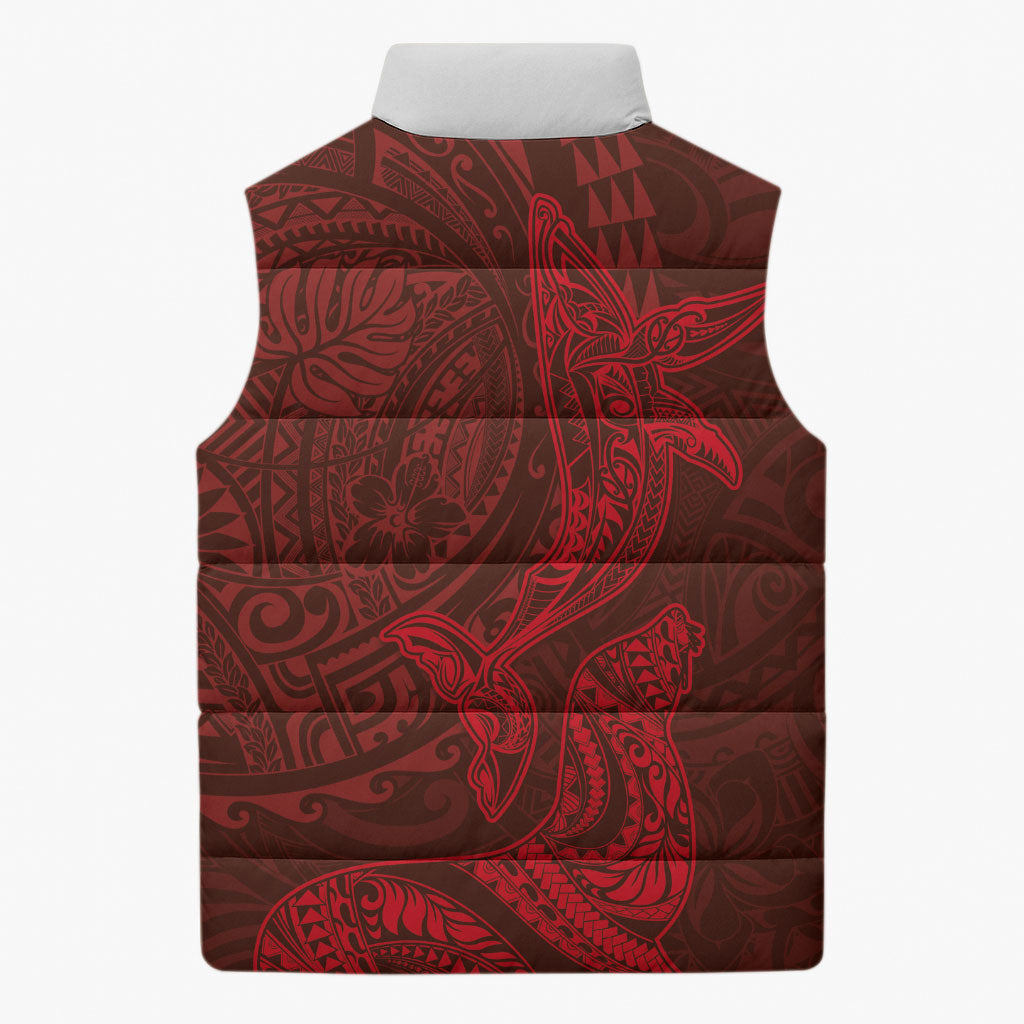 Hawaiian Monk Seal and Whale Sleeveless Puffer Jacket Kakau Tribal Pattern Red Color LT03 - Polynesian Pride
