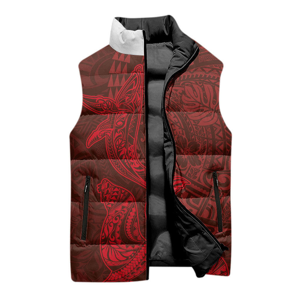 Hawaiian Monk Seal and Whale Sleeveless Puffer Jacket Kakau Tribal Pattern Red Color LT03 - Polynesian Pride