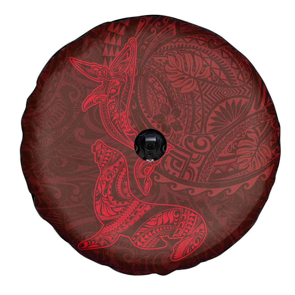 Hawaiian Monk Seal and Whale Spare Tire Cover Kakau Tribal Pattern Red Color