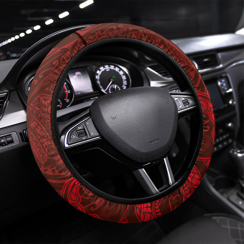 Hawaiian Monk Seal and Whale Steering Wheel Cover Kakau Tribal Pattern Red Color