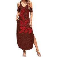 Hawaiian Monk Seal and Whale Summer Maxi Dress Kakau Tribal Pattern Red Color