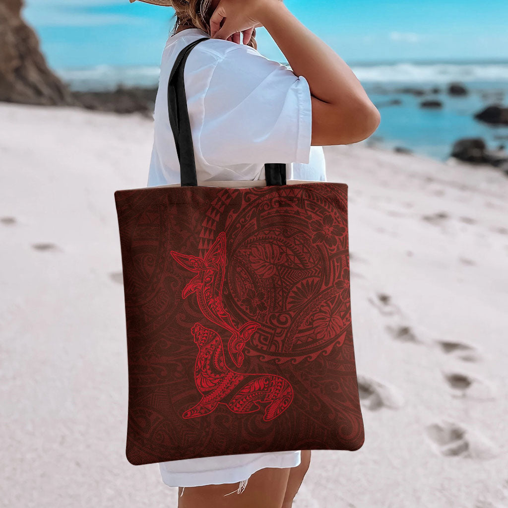Hawaiian Monk Seal and Whale Tote Bag Kakau Tribal Pattern Red Color LT03 - Polynesian Pride