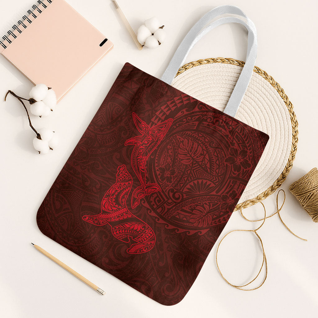 Hawaiian Monk Seal and Whale Tote Bag Kakau Tribal Pattern Red Color LT03 White Strap One Size Red - Polynesian Pride