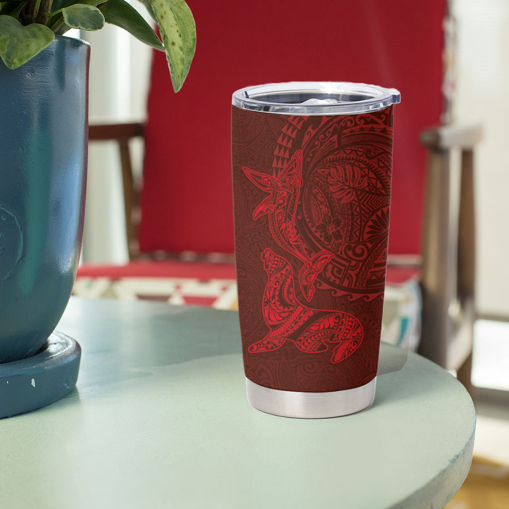 Hawaiian Monk Seal and Whale Tumbler Cup Kakau Tribal Pattern Red Color
