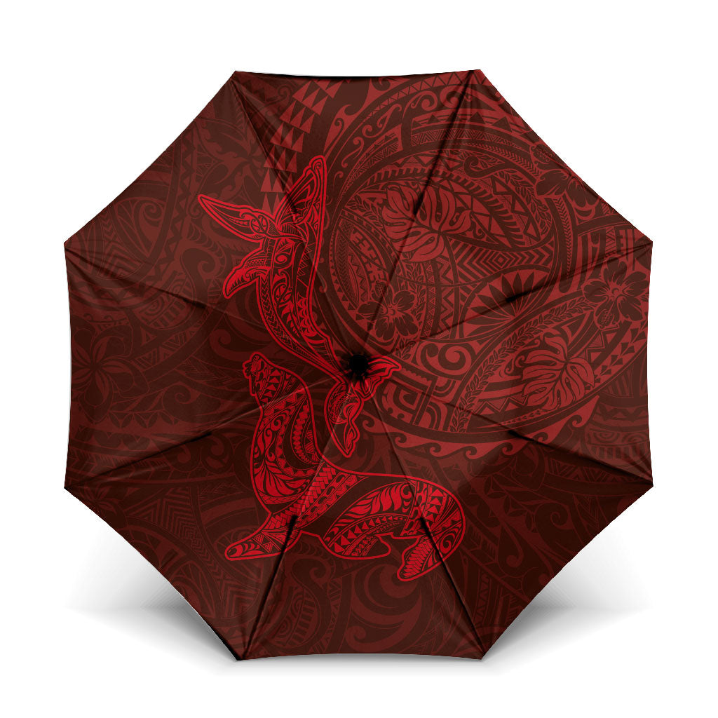Hawaiian Monk Seal and Whale Umbrella Kakau Tribal Pattern Red Color