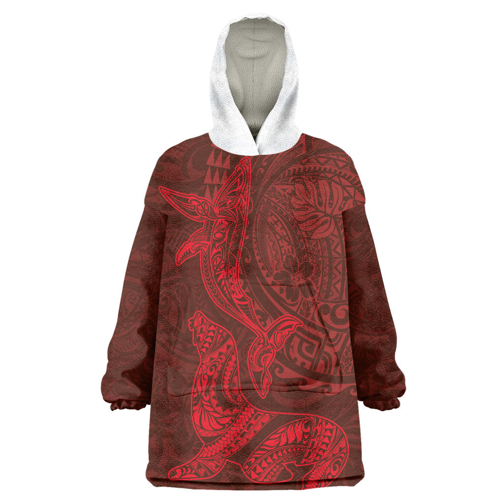 Hawaiian Monk Seal and Whale Wearable Blanket Hoodie Kakau Tribal Pattern Red Color LT03 One Size Red - Polynesian Pride
