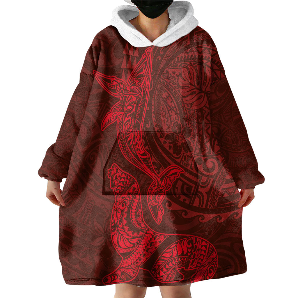 Hawaiian Monk Seal and Whale Wearable Blanket Hoodie Kakau Tribal Pattern Red Color LT03 - Polynesian Pride