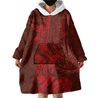 Hawaiian Monk Seal and Whale Wearable Blanket Hoodie Kakau Tribal Pattern Red Color LT03 - Polynesian Pride