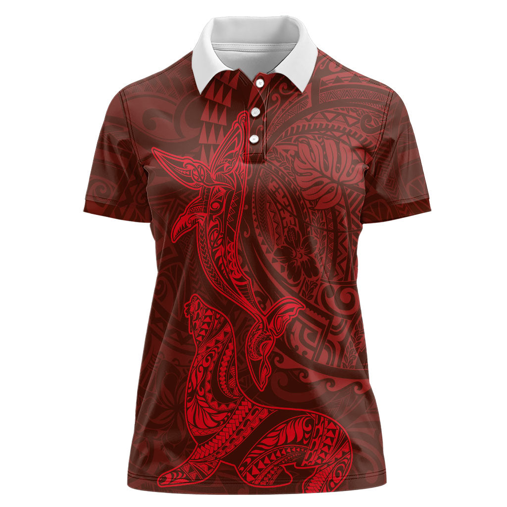 Hawaiian Monk Seal and Whale Women Polo Shirt Kakau Tribal Pattern Red Color