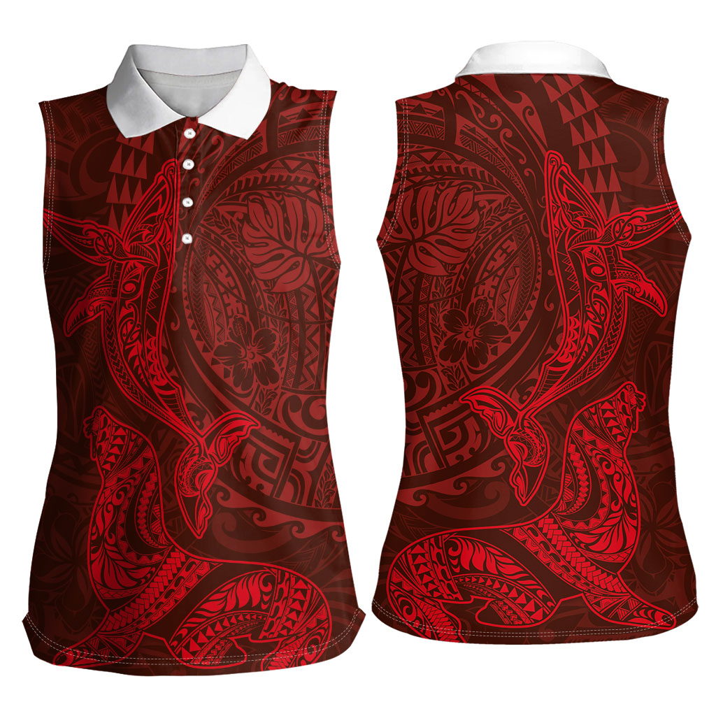 Hawaiian Monk Seal and Whale Women Sleeveless Polo Shirt Kakau Tribal Pattern Red Color