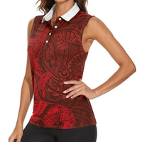 Hawaiian Monk Seal and Whale Women Sleeveless Polo Shirt Kakau Tribal Pattern Red Color