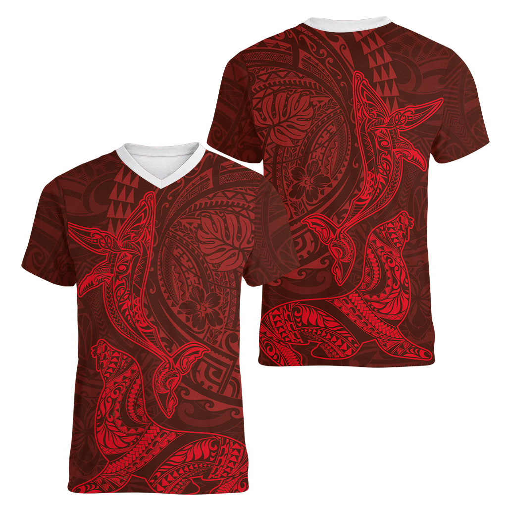 Hawaiian Monk Seal and Whale Women V-Neck T-Shirt Kakau Tribal Pattern Red Color