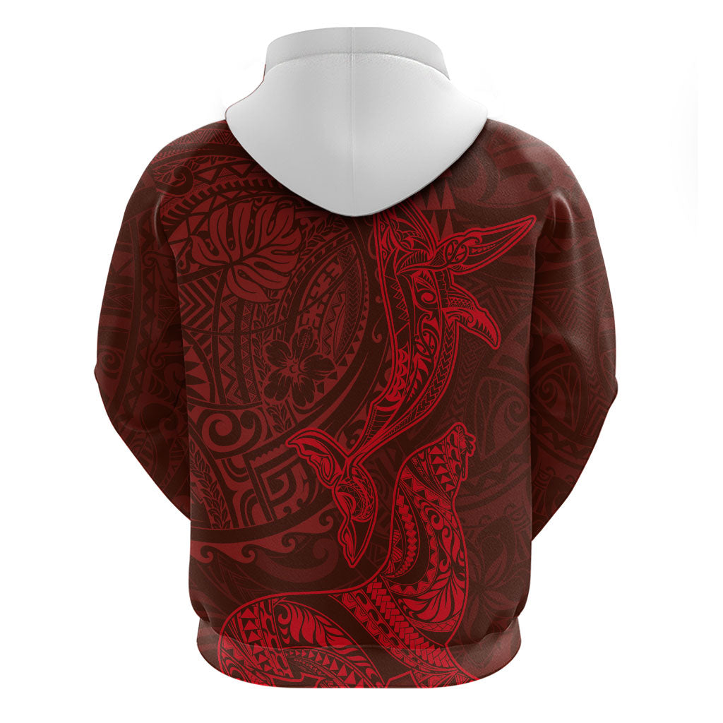 Hawaiian Monk Seal and Whale Zip Hoodie Kakau Tribal Pattern Red Color