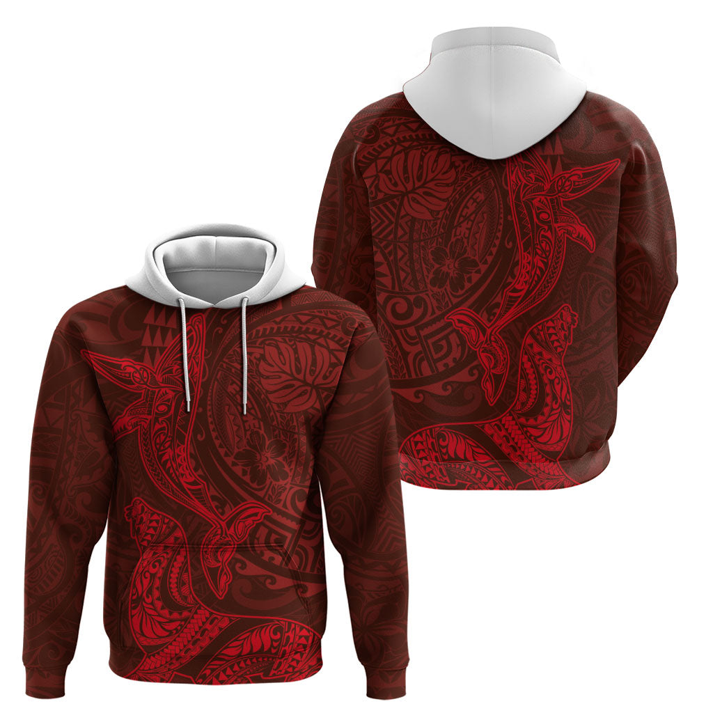 Hawaiian Monk Seal and Whale Zip Hoodie Kakau Tribal Pattern Red Color
