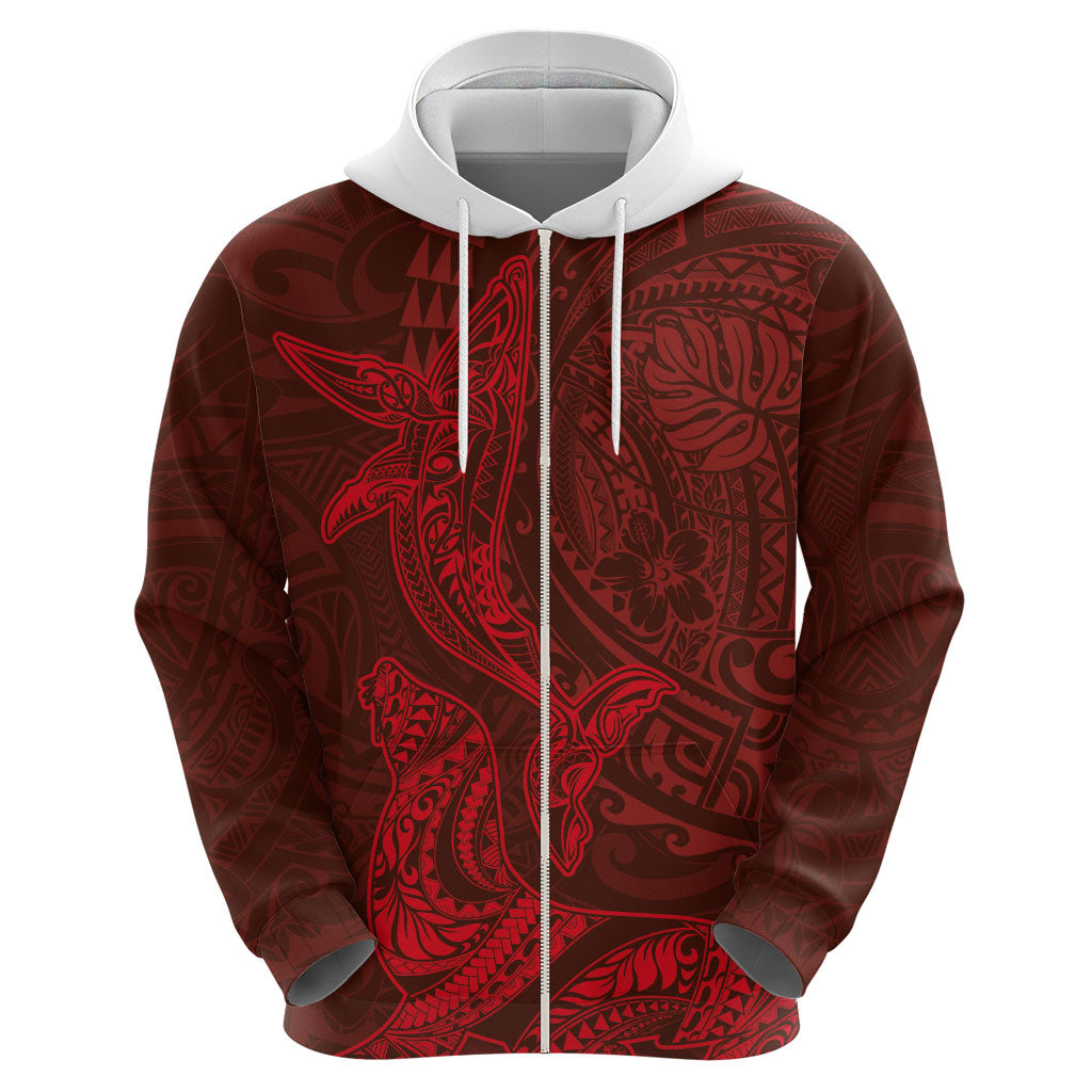 Hawaiian Monk Seal and Whale Zip Hoodie Kakau Tribal Pattern Red Color