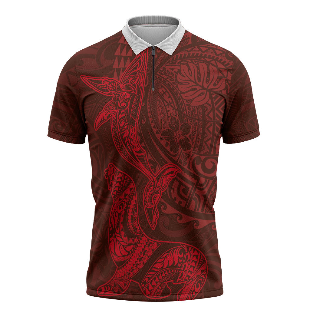 Hawaiian Monk Seal and Whale Zipper Polo Shirt Kakau Tribal Pattern Red Color