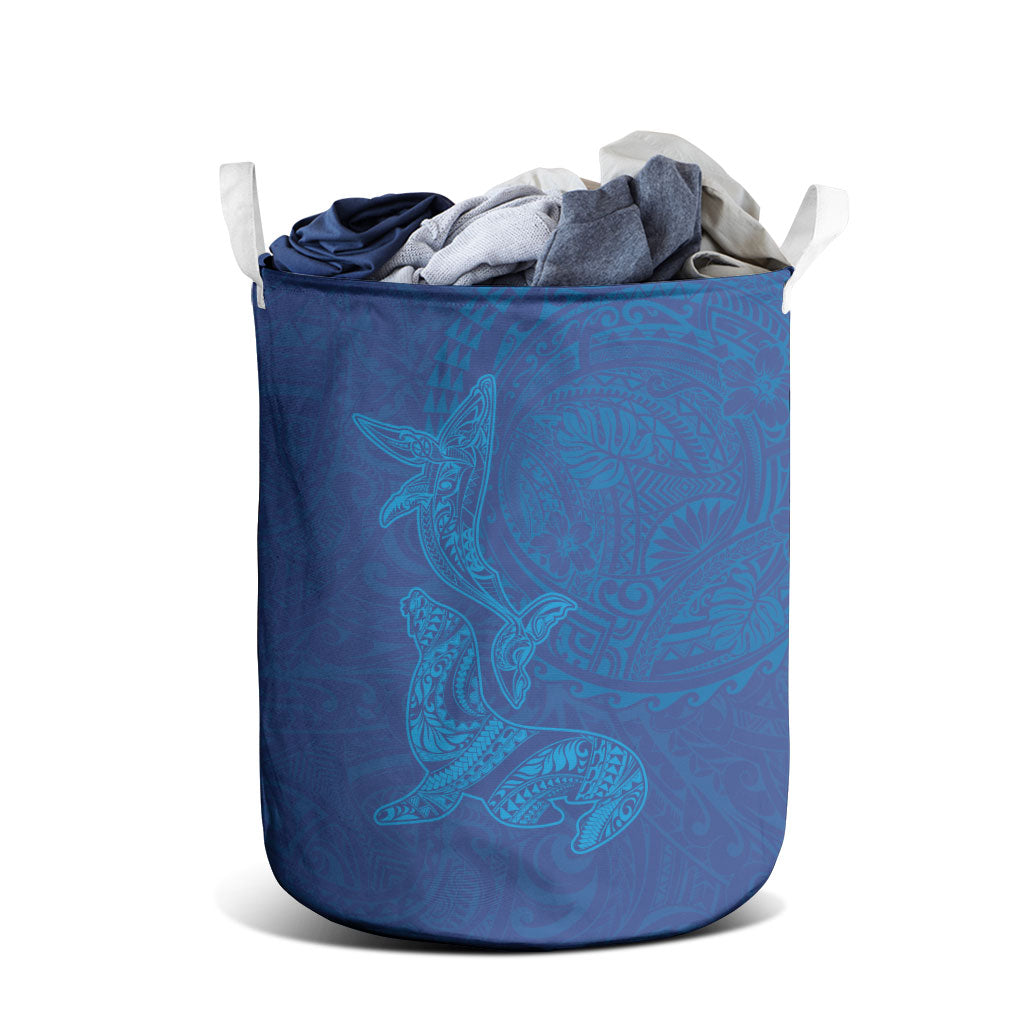 Hawaiian Monk Seal and Whale Laundry Basket Kakau Tribal Pattern Blue Color