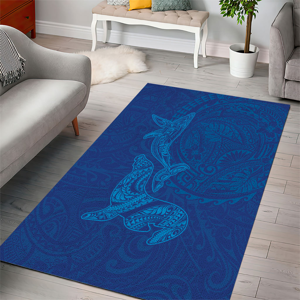 Hawaiian Monk Seal and Whale Area Rug Kakau Tribal Pattern Blue Color