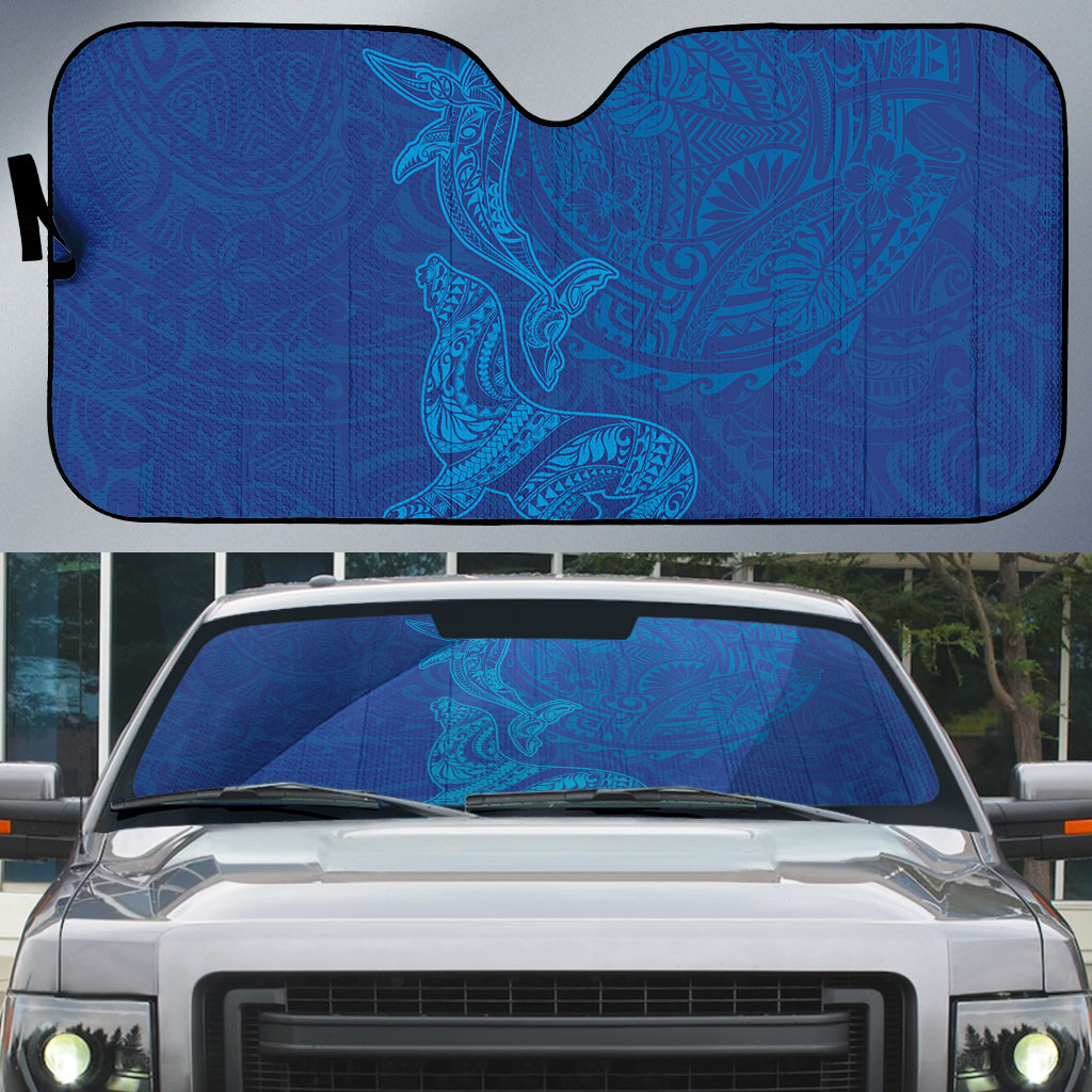 Hawaiian Monk Seal and Whale Auto Sun Shade Kakau Tribal Pattern Blue Color LT03 Blue - Polynesian Pride