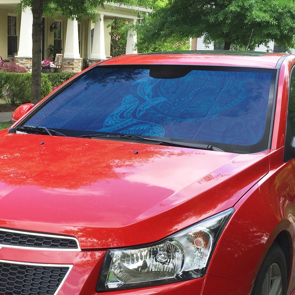 Hawaiian Monk Seal and Whale Auto Sun Shade Kakau Tribal Pattern Blue Color LT03 - Polynesian Pride
