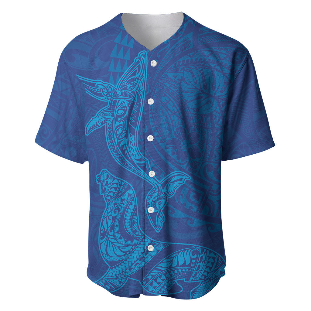 Hawaiian Monk Seal and Whale Baseball Jersey Kakau Tribal Pattern Blue Color LT03 Blue - Polynesian Pride