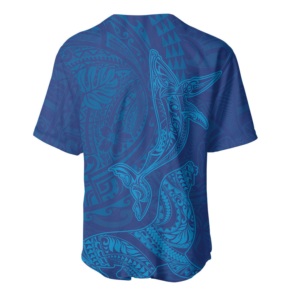 Hawaiian Monk Seal and Whale Baseball Jersey Kakau Tribal Pattern Blue Color LT03 - Polynesian Pride