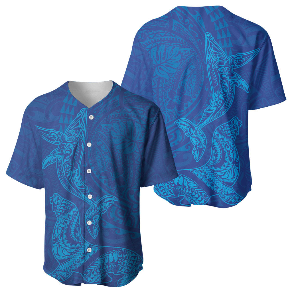 Hawaiian Monk Seal and Whale Baseball Jersey Kakau Tribal Pattern Blue Color LT03 - Polynesian Pride