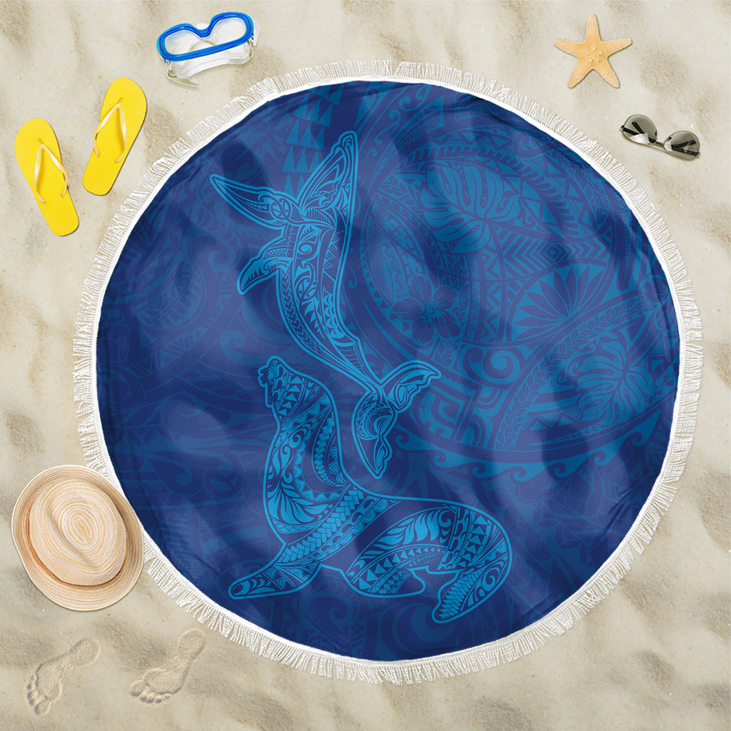 Hawaiian Monk Seal and Whale Beach Blanket Kakau Tribal Pattern Blue Color