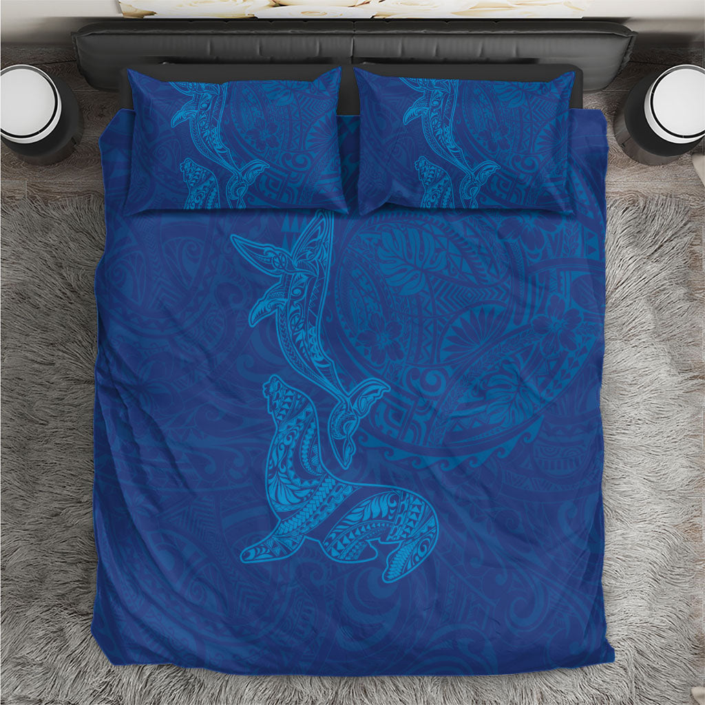 Hawaiian Monk Seal and Whale Bedding Set Kakau Tribal Pattern Blue Color