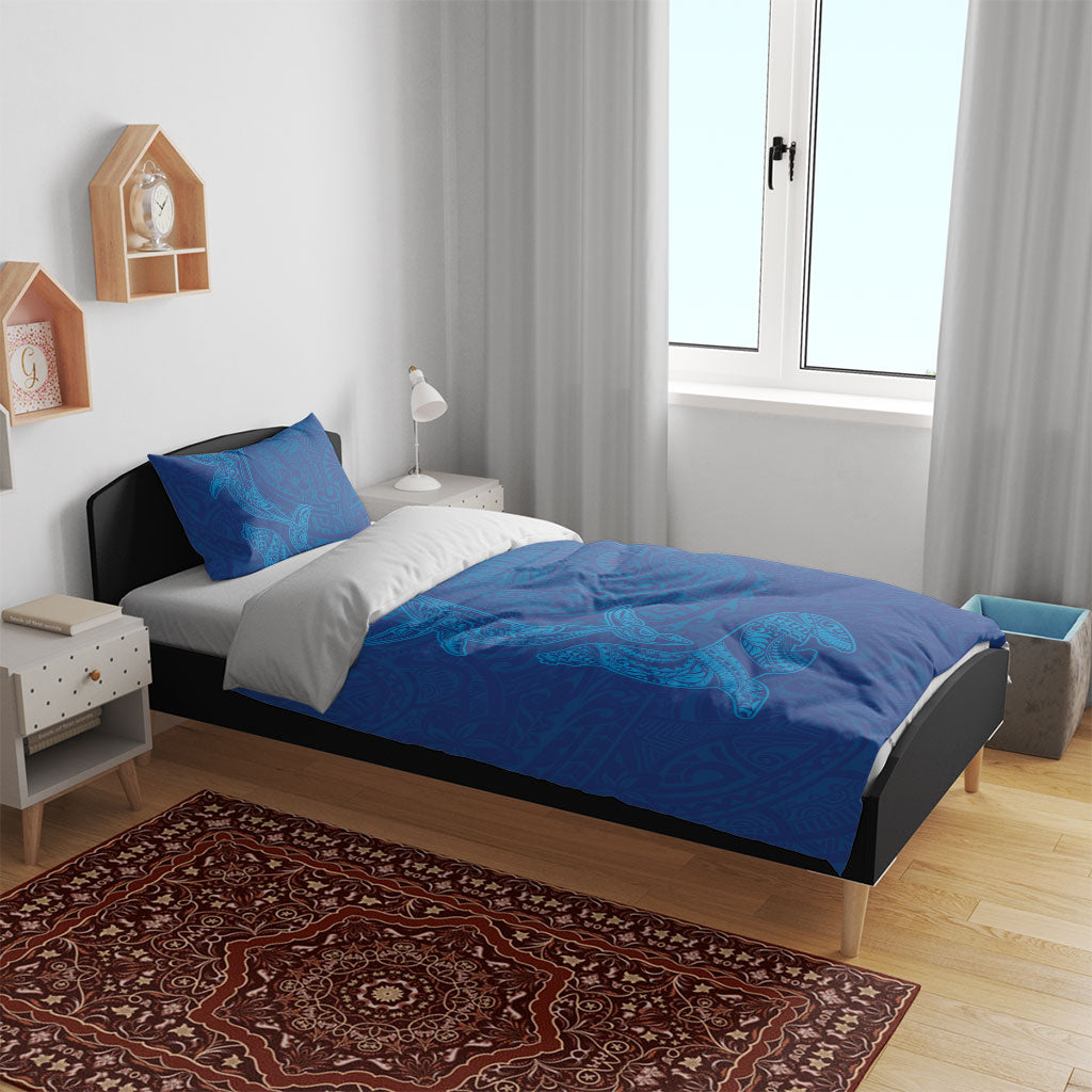 Hawaiian Monk Seal and Whale Bedding Set Kakau Tribal Pattern Blue Color