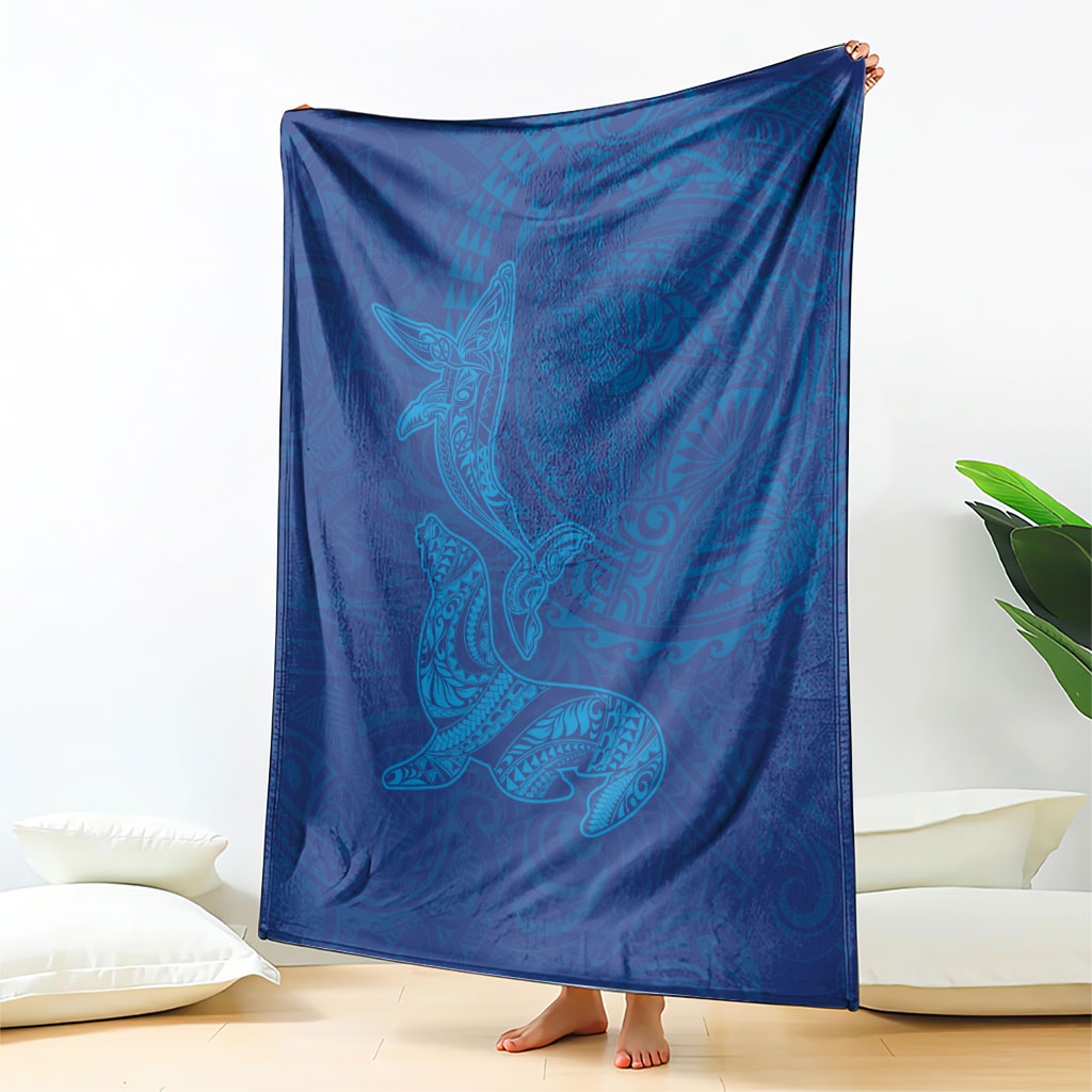 Hawaiian Monk Seal and Whale Blanket Kakau Tribal Pattern Blue Color