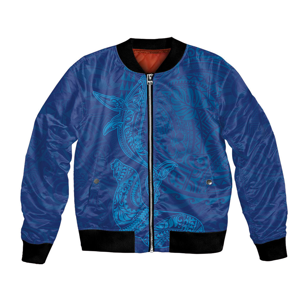 Hawaiian Monk Seal and Whale Bomber Jacket Kakau Tribal Pattern Blue Color