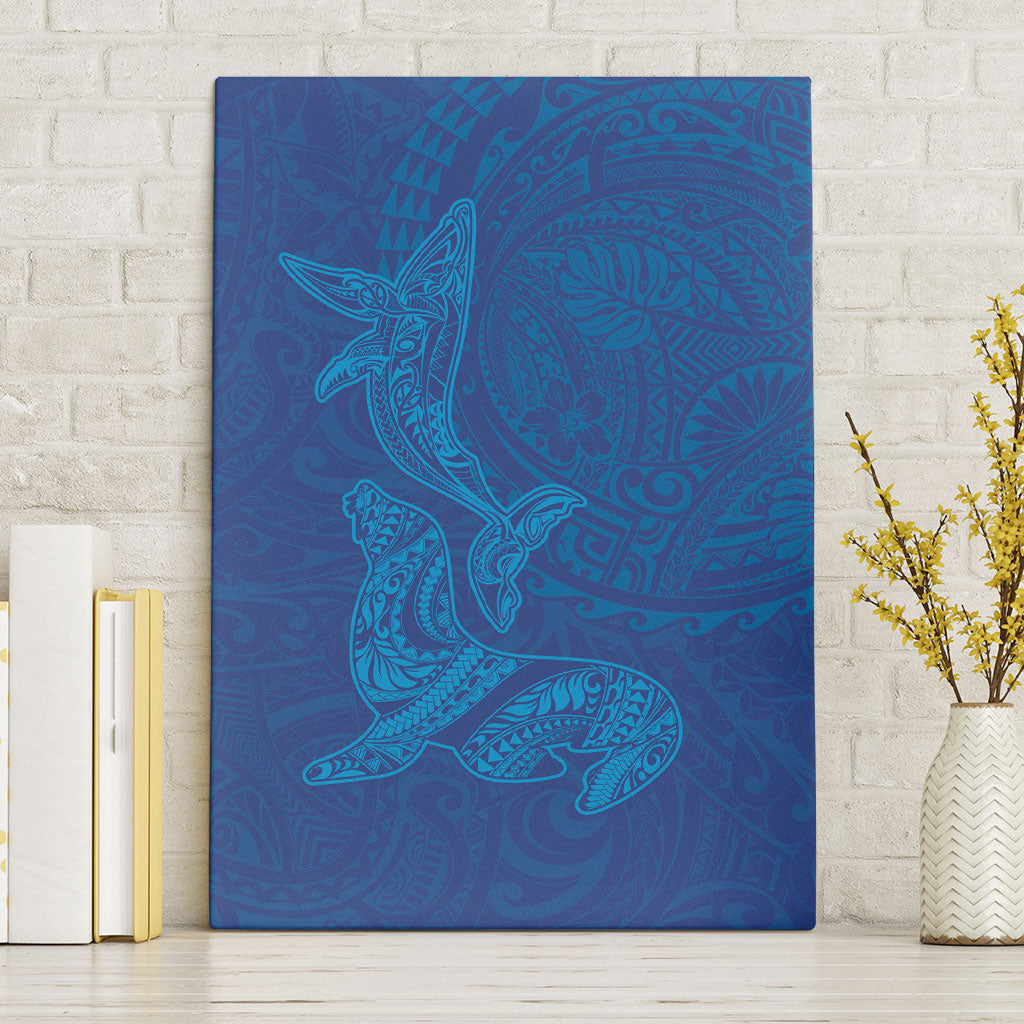 Hawaiian Monk Seal and Whale Canvas Wall Art Kakau Tribal Pattern Blue Color