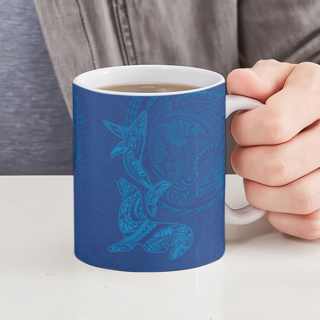 Hawaiian Monk Seal and Whale Ceramic Mug Kakau Tribal Pattern Blue Color