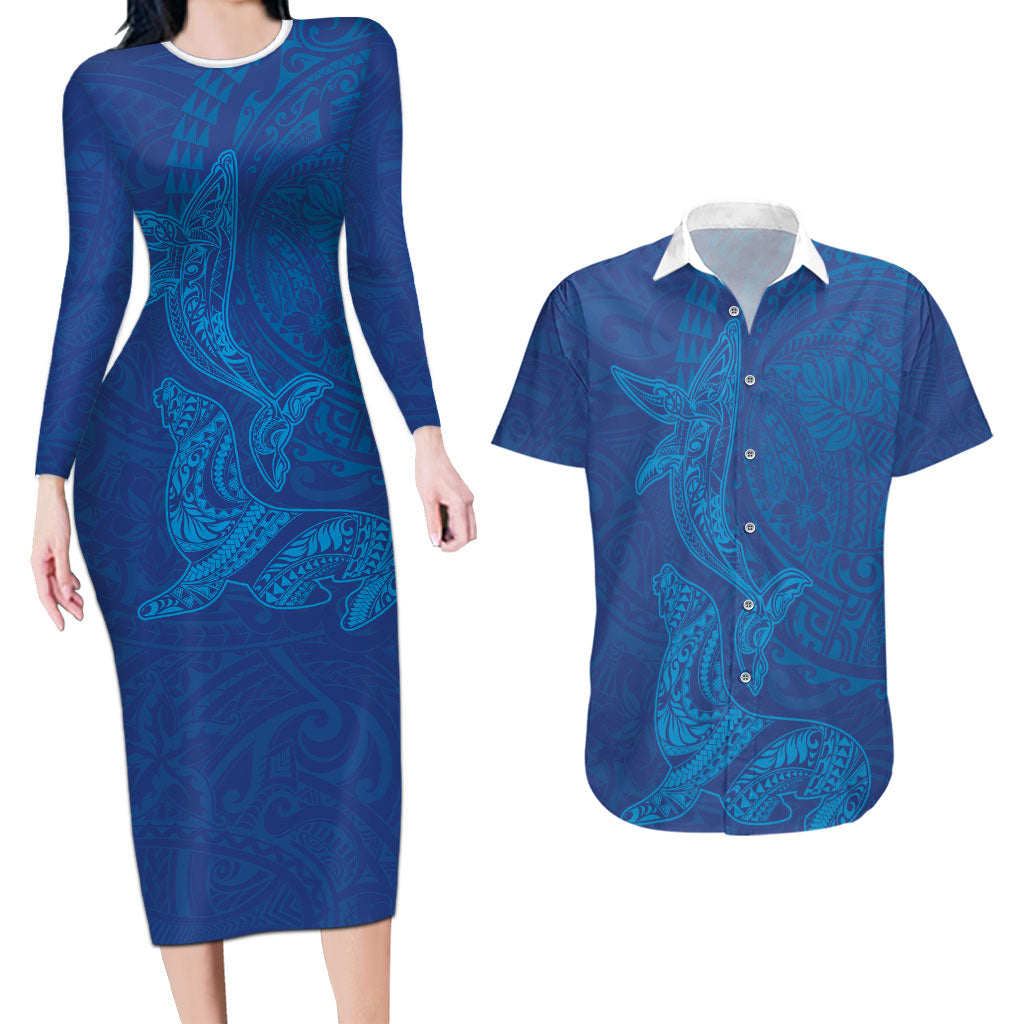 Hawaiian Monk Seal and Whale Couples Matching Long Sleeve Bodycon Dress and Hawaiian Shirt Kakau Tribal Pattern Blue Color