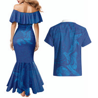 Hawaiian Monk Seal and Whale Couples Matching Mermaid Dress and Hawaiian Shirt Kakau Tribal Pattern Blue Color