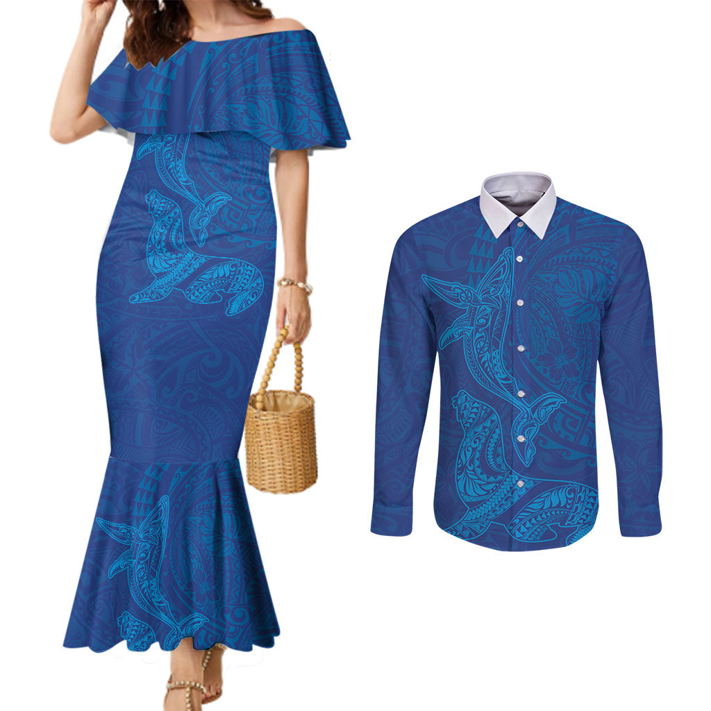 Hawaiian Monk Seal and Whale Couples Matching Mermaid Dress and Long Sleeve Button Shirt Kakau Tribal Pattern Blue Color
