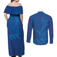 Hawaiian Monk Seal and Whale Couples Matching Off Shoulder Maxi Dress and Long Sleeve Button Shirt Kakau Tribal Pattern Blue Color