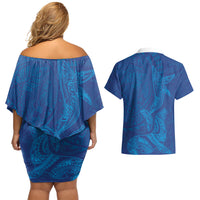 Hawaiian Monk Seal and Whale Couples Matching Off Shoulder Short Dress and Hawaiian Shirt Kakau Tribal Pattern Blue Color
